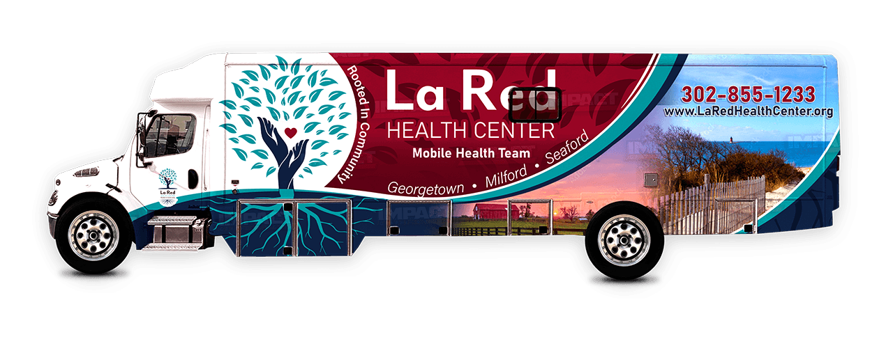 Mobile Health Unit van wrapped with La Red logo and images